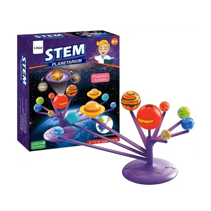 Set Educativ STEM Planetariu 2 in 1, Stuniko®, Sistem Solar Interactiv cu Proiector, Kit DIY de Pictat si Asamblat, Dezvoltare Creativitate si Cunostinte Astronomie, Multicolor, 8 ani+