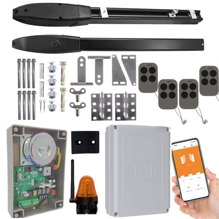 Set automatizare poarta cu 2 brate DE300, 2x3m, 400kg, Wi-Fi, 4x telecomenzi, lampa de semnalizare