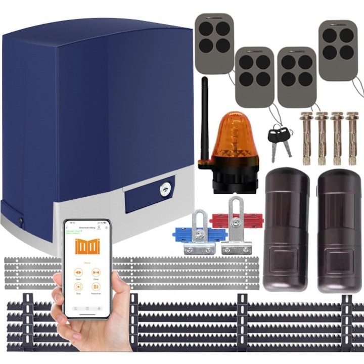 Set automatizare poarta glisanta Delmar DP1000WiFi, 1000kg, 4x pilot, 5x lista dintata, lampa de semnalizare
