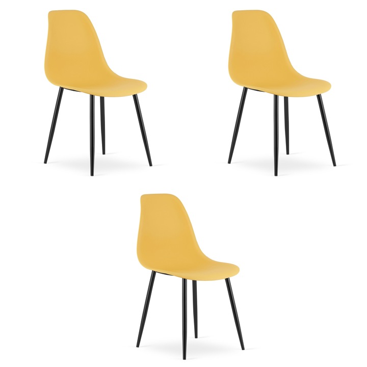 Scaun modern LEOBERT WAT, musztarda, metalice negre, 84x46x51cm, set 3 buc.