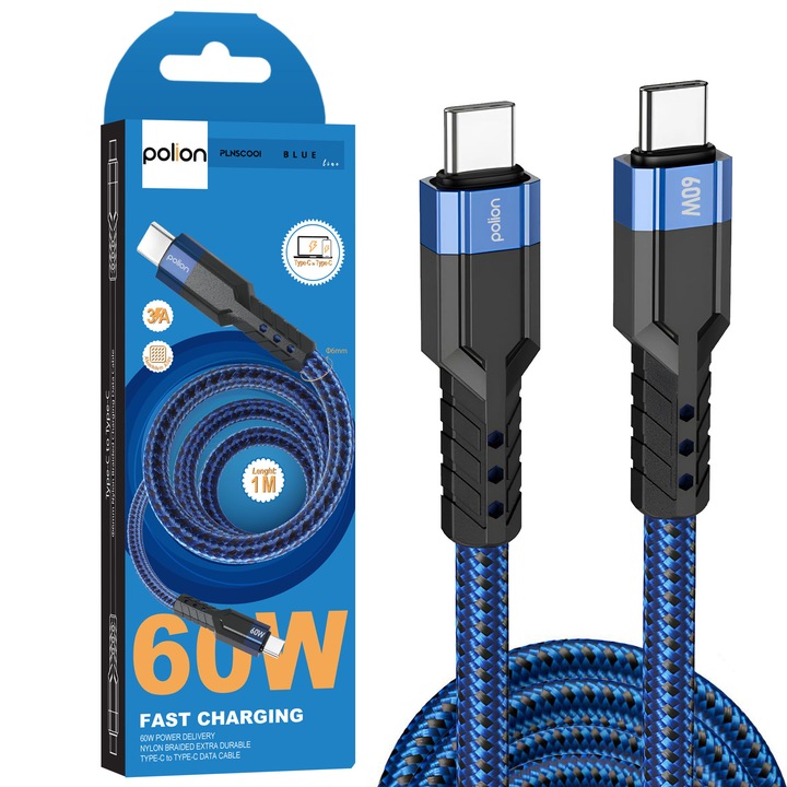 Cablu USB-C la USB-C Polion, 60W, 3A, 1m, negru-albastru