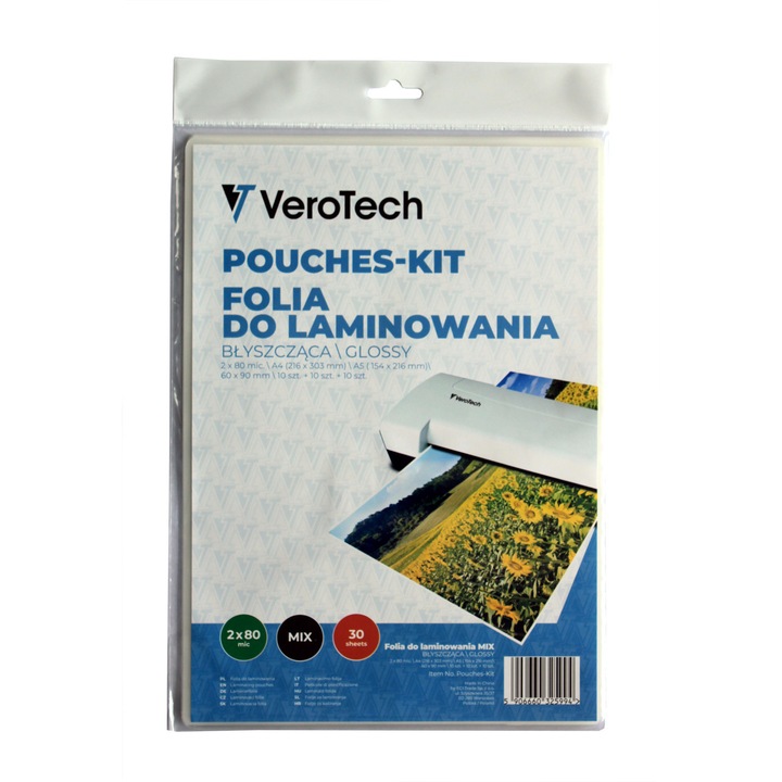Verotech lamináló fólia szett, 30 darab, A4, A5, névjegykártya, 80 mikron, antisztatikus, átlátszó