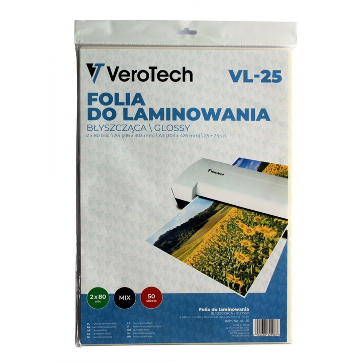 Verotech lamináló fólia szett, 25 x A4, 25 x A3, 80 mic, antisztatikus, átlátszó