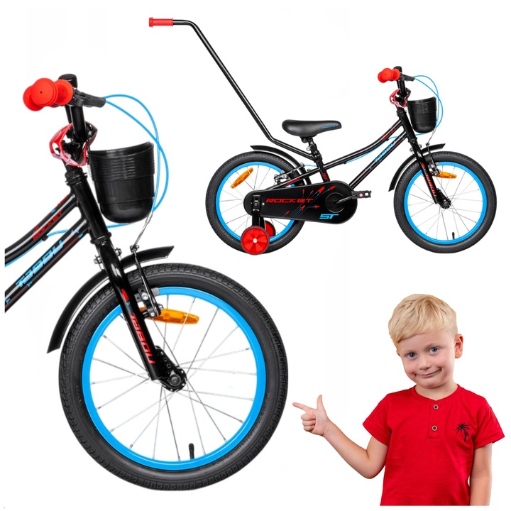 Bicicleta copii TABOU ROCKET 16'', negru-rosu, cadru din otel, greutate 8,1 kg, pentru varsta 2-8 ani