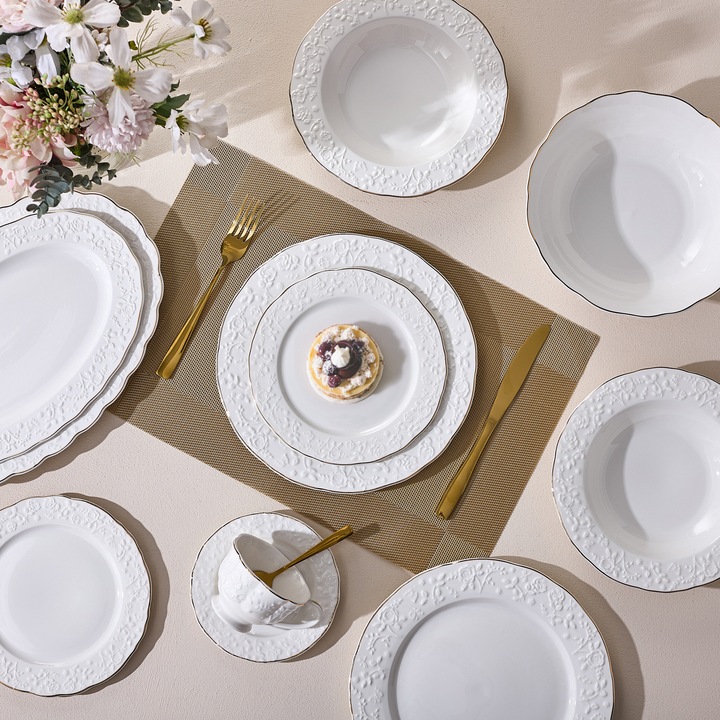 Serviciu de masa 40 piese "Lux", portelan – Set farfurii 12 persoane, detalii relief, margine aurie