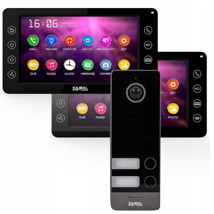 Videointerfon 2 x monitor 7", ZAMEL, IP66, camera 800 TVL, control poarta si usa