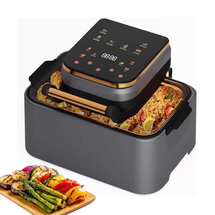 Friteuza Airfryer, Luckylu®, Ideala pentru uz Casnic, Multifunctional, Gatire Rapida, Negru-Auriu, 2500W, capacitate 12L, 30 x 28 x 40 cm