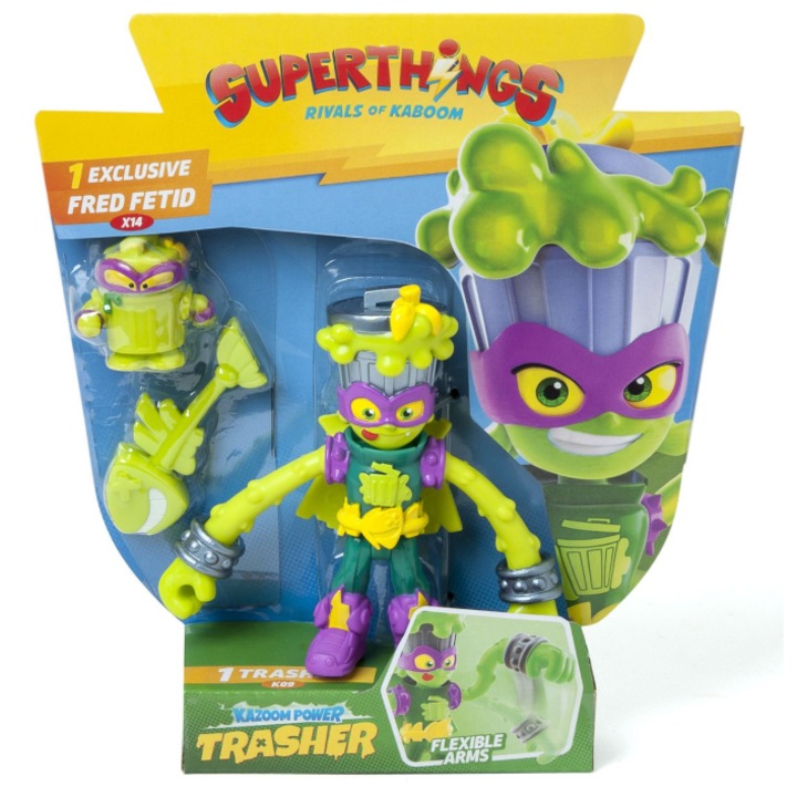 Figurina Super Things, Trasher, 15. seria Rivals of Kaboom, verde cu elemente violet, 9cm, set cu mini figurina si accesoriu