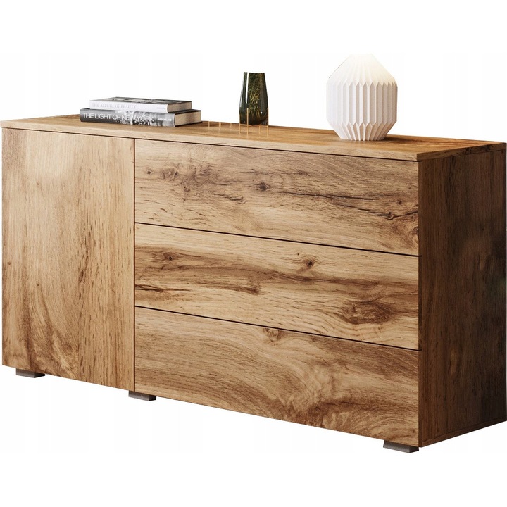 Comoda 110 cm Bratex, 3 sertare, front lateral cu raft, culoare Stejar Wotan, dimensiuni 111x68x39 cm