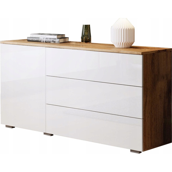 Comoda Bratex 110 cm, 3 sertare, fronturi lucioase, stejar Wotan, alb lucios