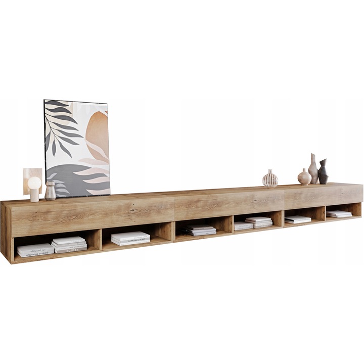 Comoda RTV 300 cm, Bratex, mata, fara manere, 3 usi, 6 compartimente, castan