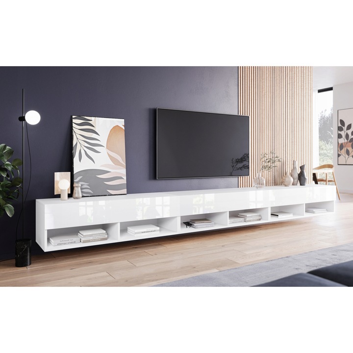 Comoda TV 300 cm, Lauren Meble, alb mat-alb lucios, cu iluminare LED, 3 usi, 6 rafturi