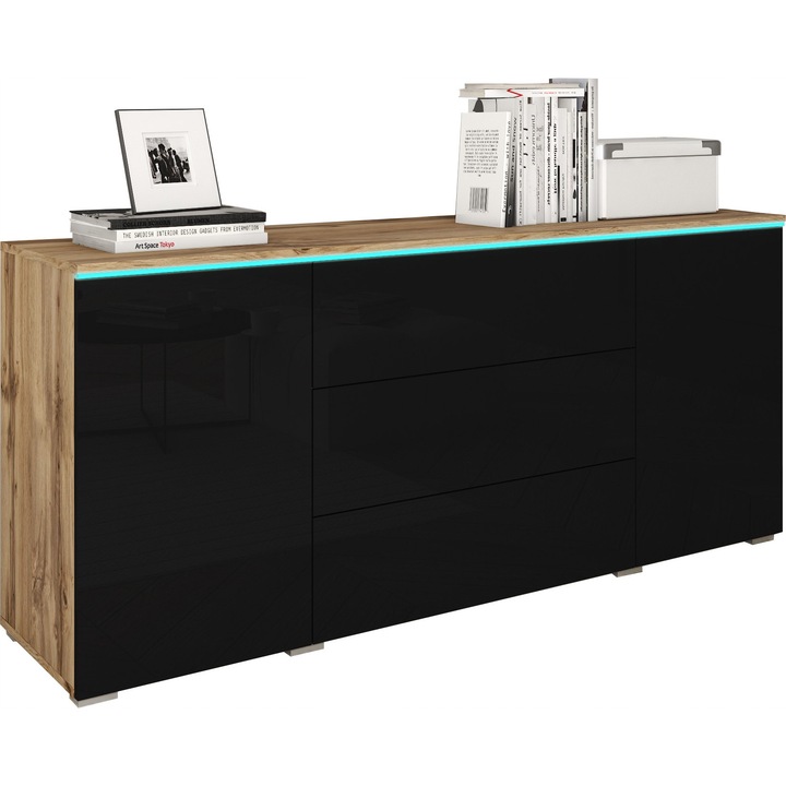 Bratex komód, 150 cm, 3 fiók, 2 ajtó, Wotan, fényes fekete