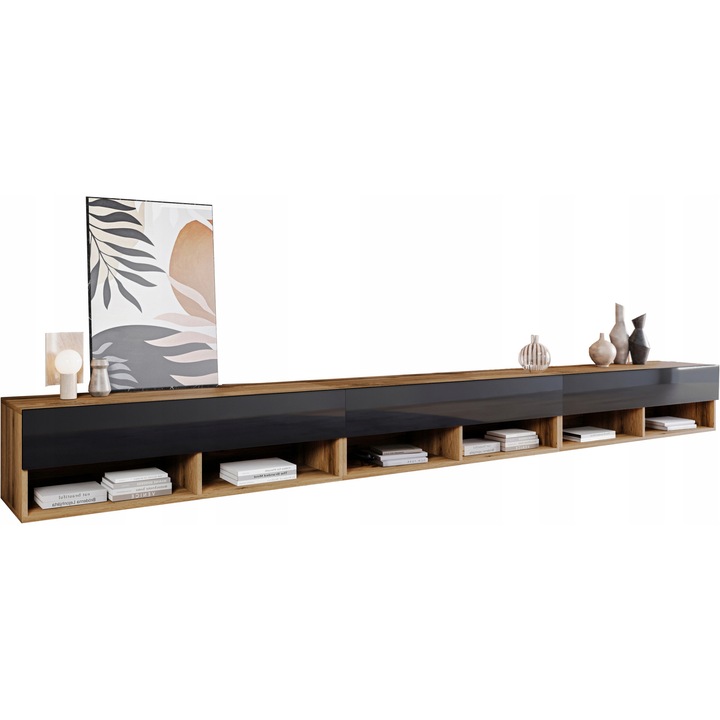 Sifonier modern 300 cm, Lauren Meble, fara manere, mat wotan/negru lucios, cu iluminare LED, montare suspendata sau pe picioare