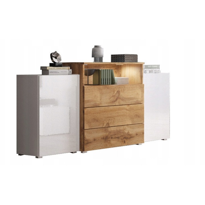 Comoda 150 cm Bratex, 3 sertare, 2 safuri laterale, alb lucios, Wotan