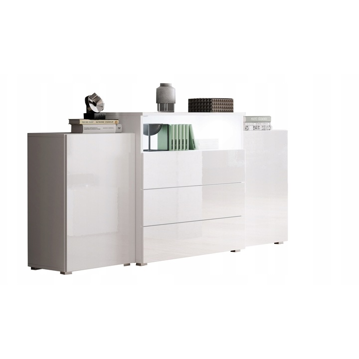 Comoda 150 cm, Bratex, alb mat/alb lucios, 3 suflade, 2 safki laterale