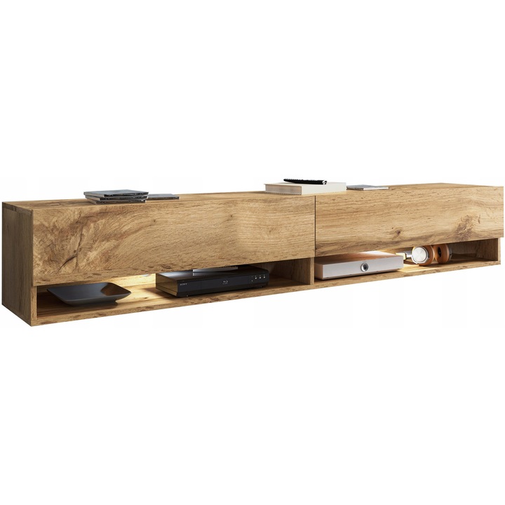 Comoda RTV 180 cm, Lauren Meble, mat, cu LED, wotan, montare suspendata sau pe picioare