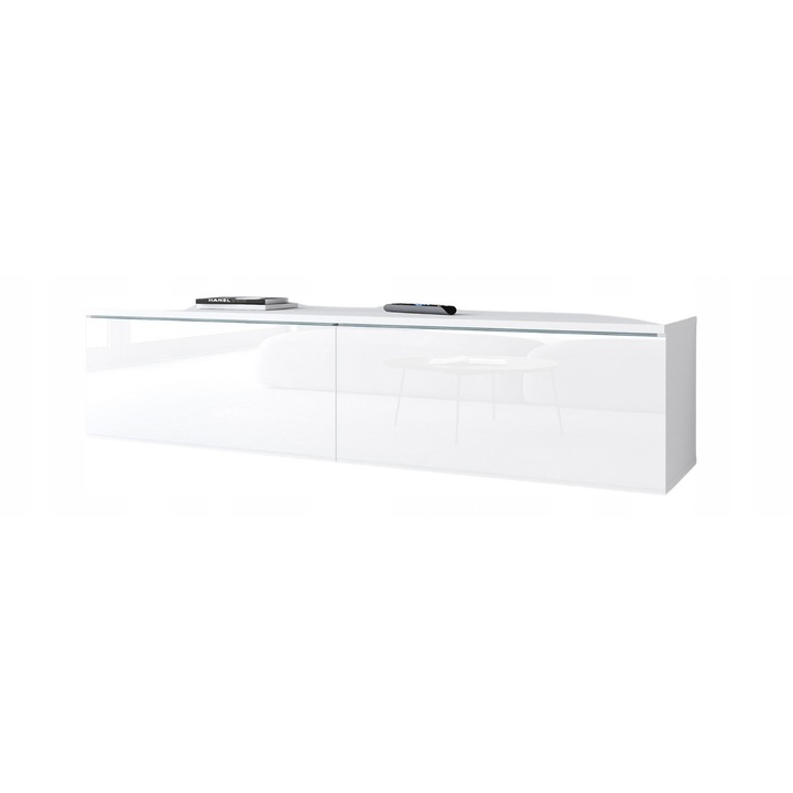 Comoda RTV Lauren Meble 140 cm, alb mat/alb lucios, cu iluminare LED, montaj suspendat sau pe podea
