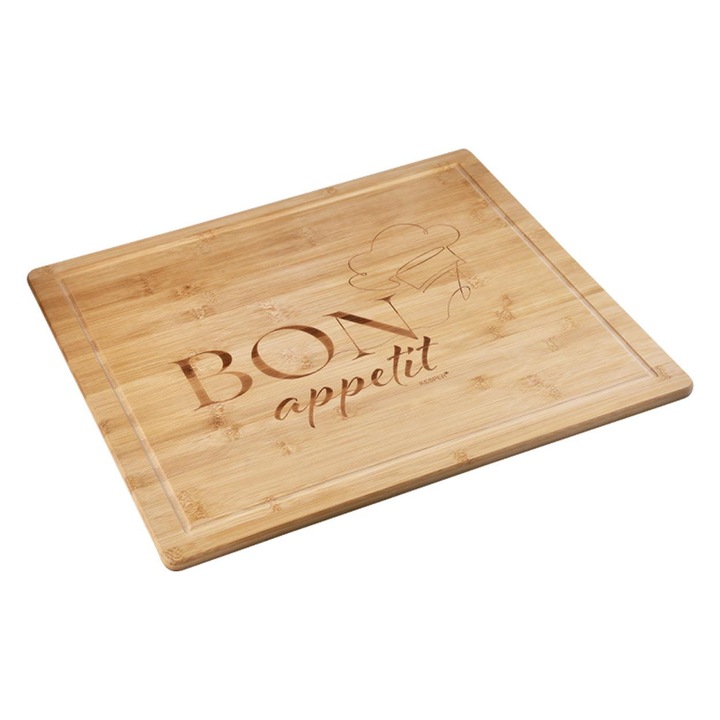 Tacatoare de bucatarie KESPER din bambus cu grawer "Bon Appetit", cu suport, 30x20cm