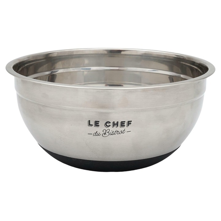 Bol Inox Le Chef, HowHomely, Rozsdamentes Acél Tál Dekoratív Le Chef Du Bistrot Mintával és Stabil Alappal Keveréshez, Mixeléshez vagy Pácoláshoz, Ellenálló Szerkezet és Modern Kivitel, Ideális Konyhába, Időtálló, 26 cm, Ezüst