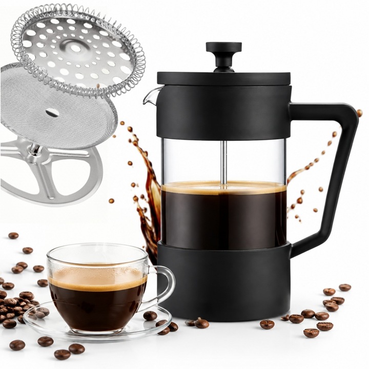 Presa franceza pentru cafea, Xiusaqio, Cafetiera franceza termorezistenta si antiexploziva, baza din otel inoxidabil, 1000 ml, negru