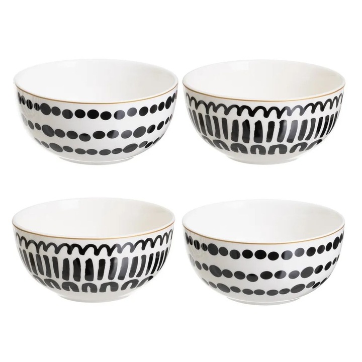 Set 4 boluri HowHomely, 700 ml, negru/alb, 14 cm