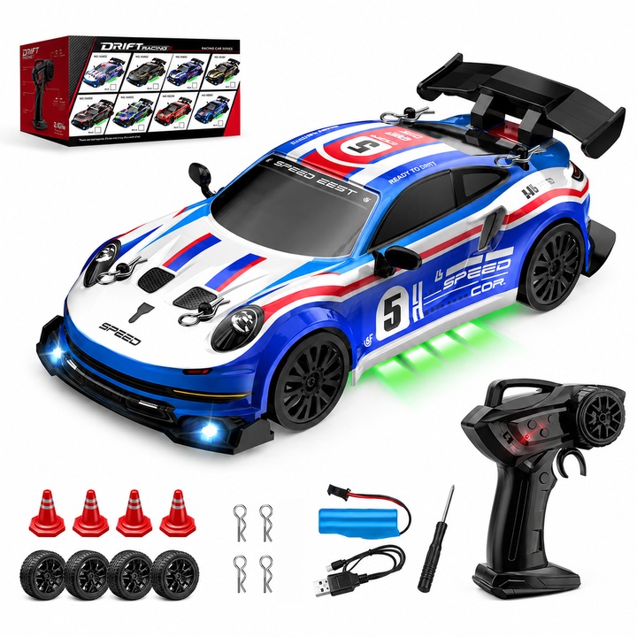 Masina drift scara 1:24 telecomanda standard, tractiune 4WD, roti schimbabile drift/asfalt, lumini LED, 2 viteze, 2,4 GHz, baterie 3,7V 500mAh inclusa, autonomie 20-23 min, 4 obstacole incluse
