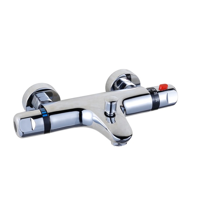 Baterie sanitara termostatica, design modern, control temperatura, argintie, montare pe perete