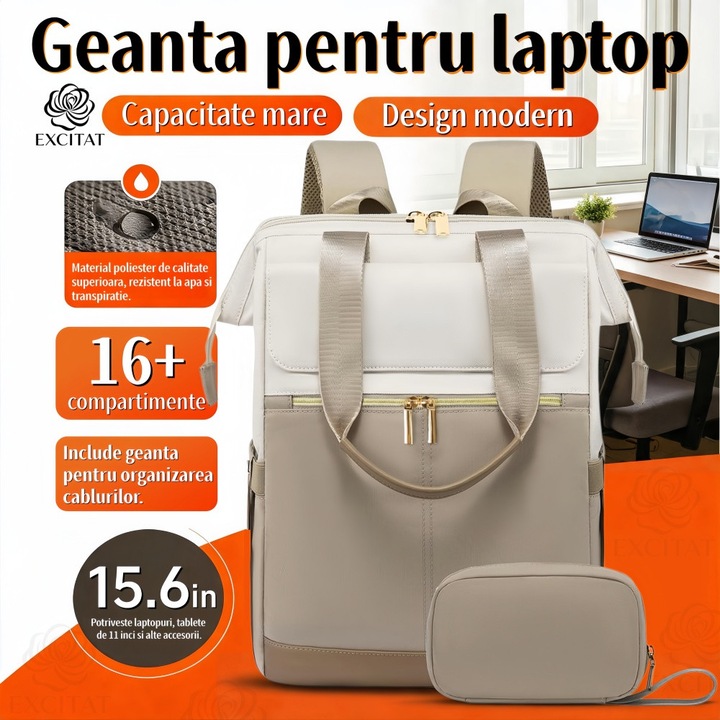 Vízálló laptop hátizsák, Excitat®, 15.6'', elegáns, 16 rendezett zseb, Nagy kapacitás, Állítható vállpánt, 40x31x15cm, Khaki