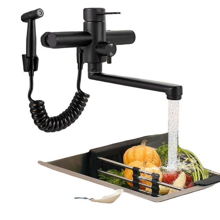 Baterie sanitara montata pe perete, 360° rotativa, otel inoxidabil 304, 15 cm inaltime, 23 cm lungime, set cu pistol de pulverizare inclus