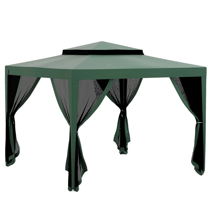 Pavilion gradina, plasa de tantari detasabila, design cu doua acoperisuri, verde, 3x3m