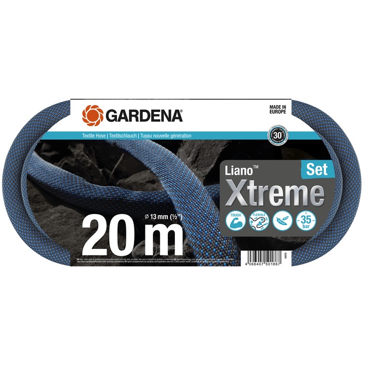 Gardena Liano Xtreme textil tömlő 20m, 13mm, eredeti tartozékokkal készlet