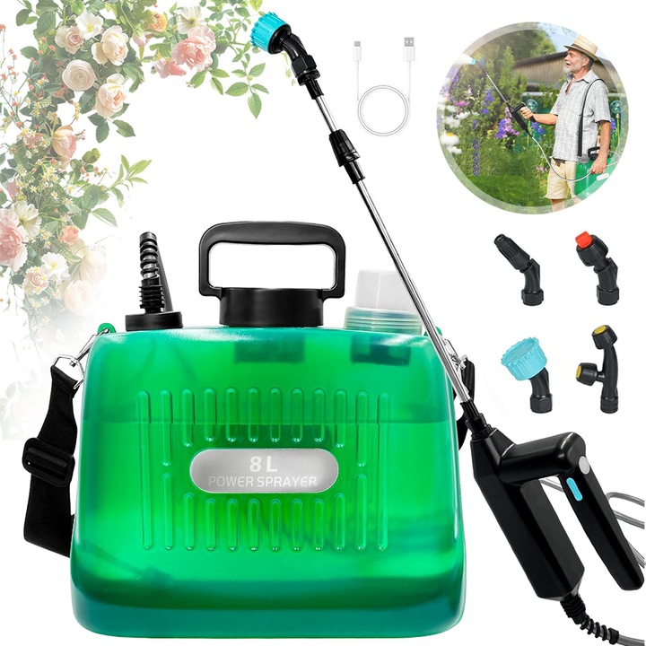 Pulverizator De Gradina Alimentat Cu Baterie 8L, Pulverizator Electric De Buruieni Cu Curea De Umar Reglabila, 4 Duze De Pulverizare, Maner Reincarcabil USB, Lance Telescopica Pentru Gazon Si Gradina