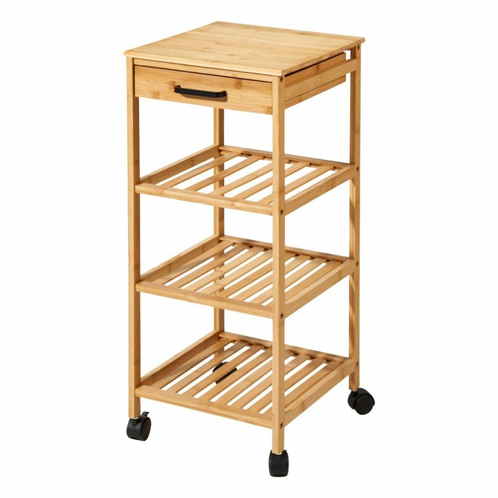 Bambusz konyhai kocsi kerekekkel és fiókkal, HowHomely, 4 szintes, minimalista design, natúr
