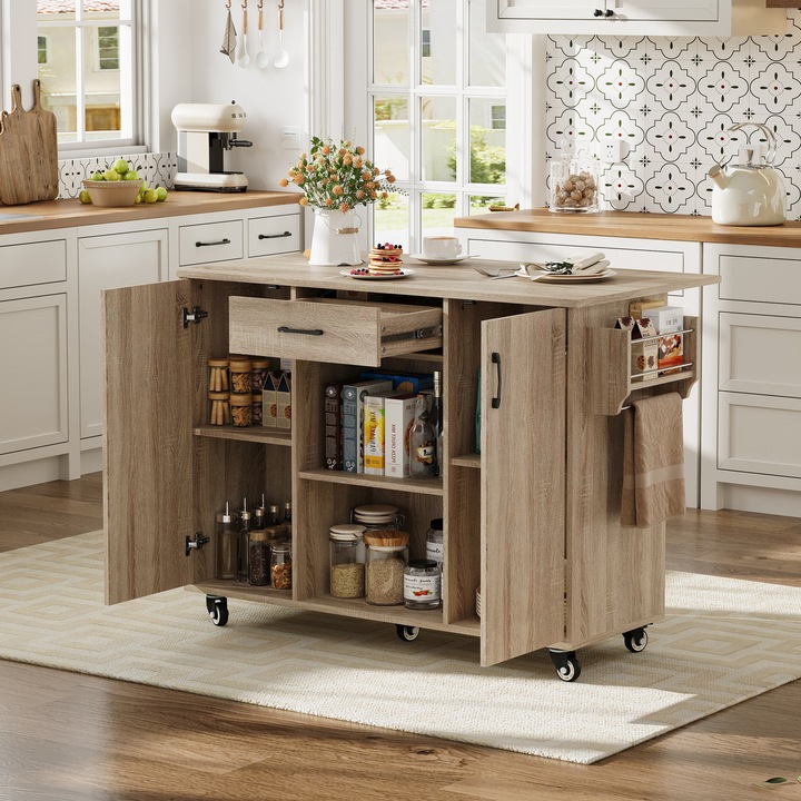 Insula de bucatarie 120cm, blat pliabil, sertar, dulap, pe roti, natural