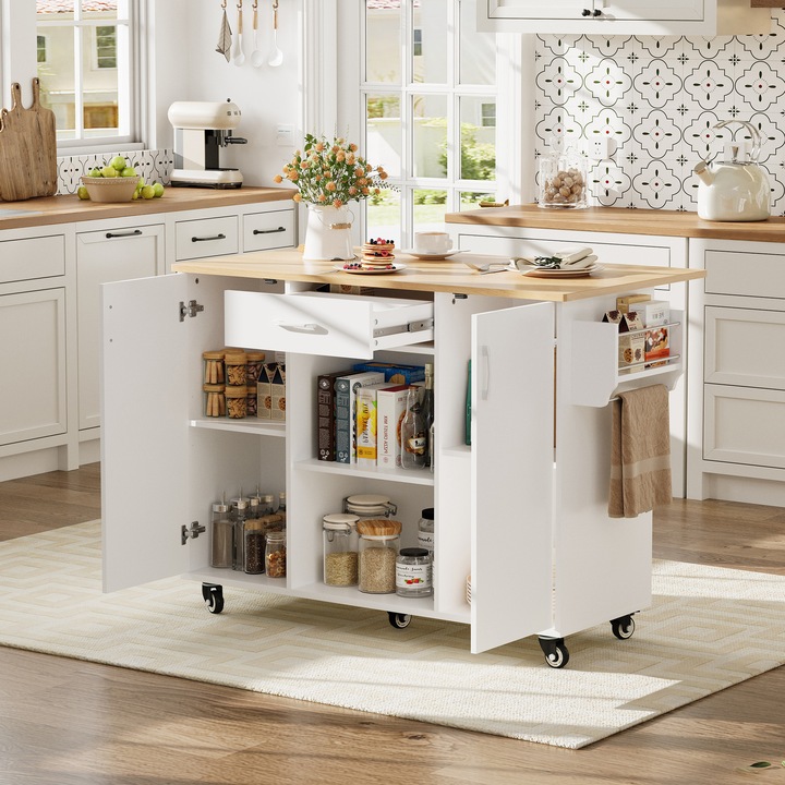Insula de bucatarie 120cm, blat pliabil, sertar, dulap, pe roti, alb+natur
