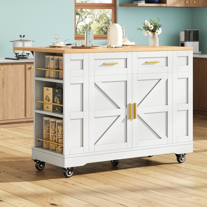 Insula de bucatarie, cu spatiu de depozitare, dulapuri glisante, albe