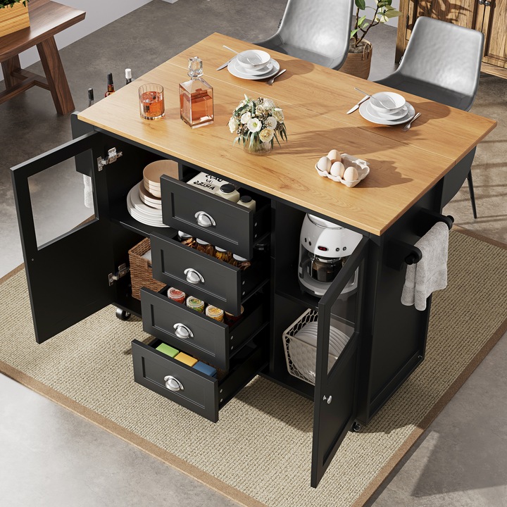 Insula de bucatarie 120x73(45)x93cm, extensibila, prosop, condimente, rafturi, 2 usi, 4 sertare, neagra