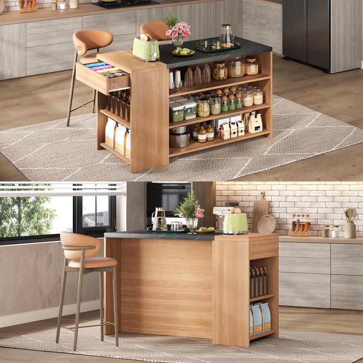 Insula de bucatarie 140x60x90cm, 5 rafturi, sertar, blat din marmura, negru+natur