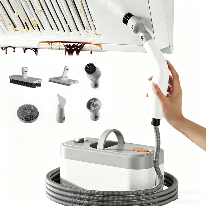 Hordozható gőztisztító, Többfunkciós gőztisztító, 1200W, 850 ml-es tartály, tartozékokkal, padlókhoz, fürdőszobához, konyhához, ablakokhoz, autóhoz, függönyökhöz, Fehér