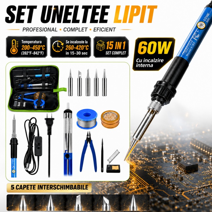 Kit pistol de Lipit, Excitat®, Set letcon cu accesorii de lipit, 15pcs, 60W, 200–450°C, cu 5 bucati varfuri de lipit, geanta organizatoare pentru depozitare usoara, Set de varfuri pentru Letcon, set scule ajutatoare lipit, pensete, Multicolor