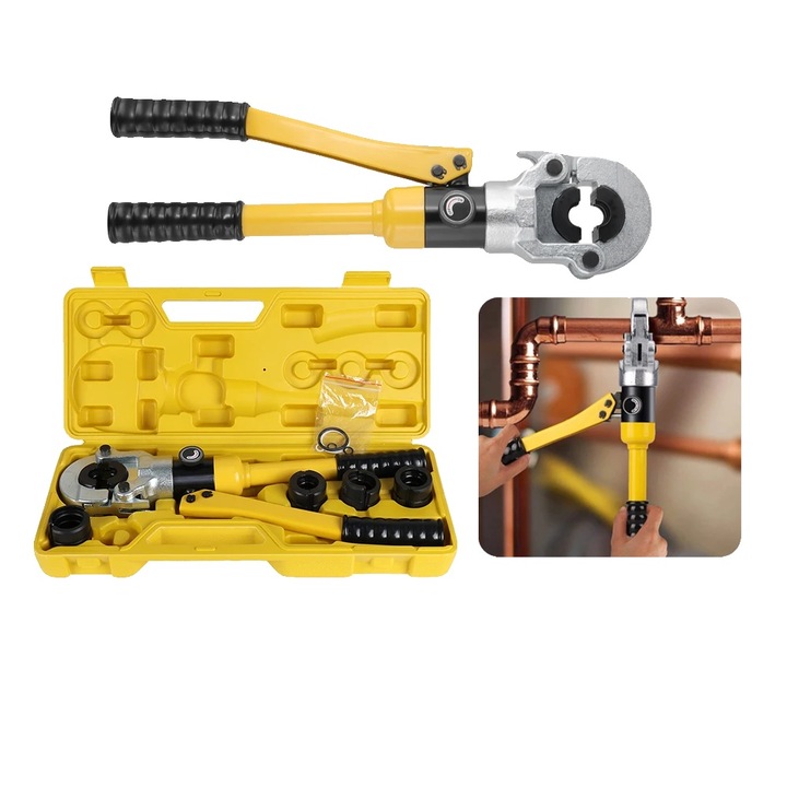 Hidraulikus krimpelő fogó, acél és alumínium szerkezet, 16x32mm méretek, kétsebességes kialakítás, 360 fokban forgatható fej