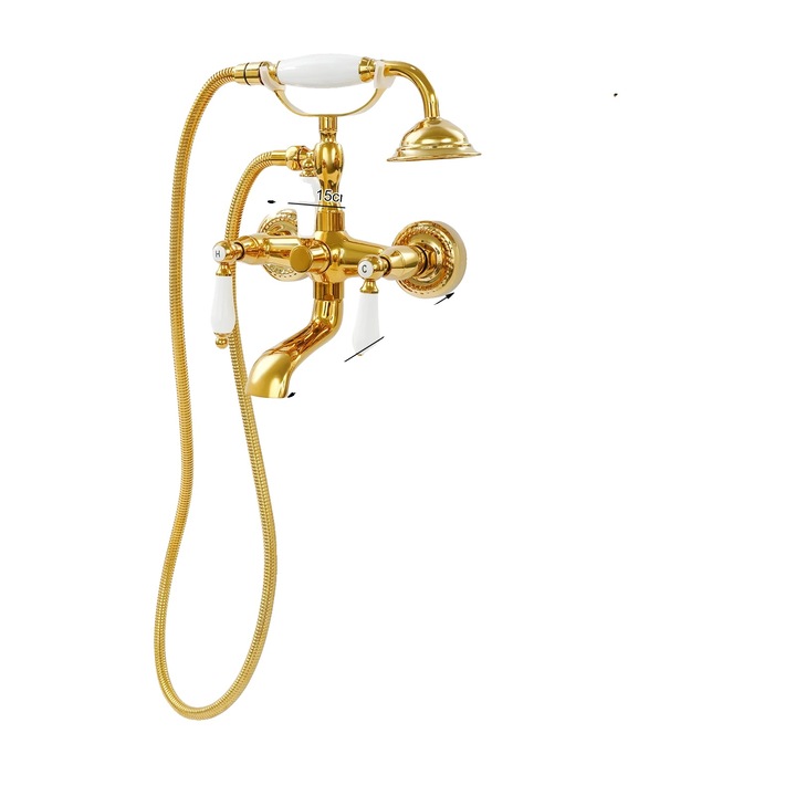 Baterie sanitara, dus portabil, montare pe perete, aur, 15cm x 30cm, set complet