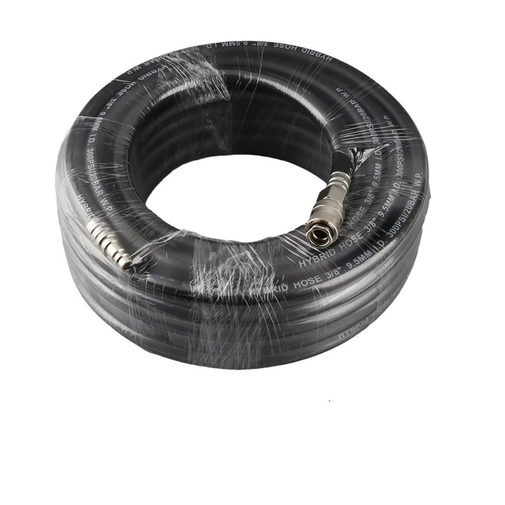 Hose pneumatic, 15m, cauciuc flexibil, set accesorii 5 piese, negru