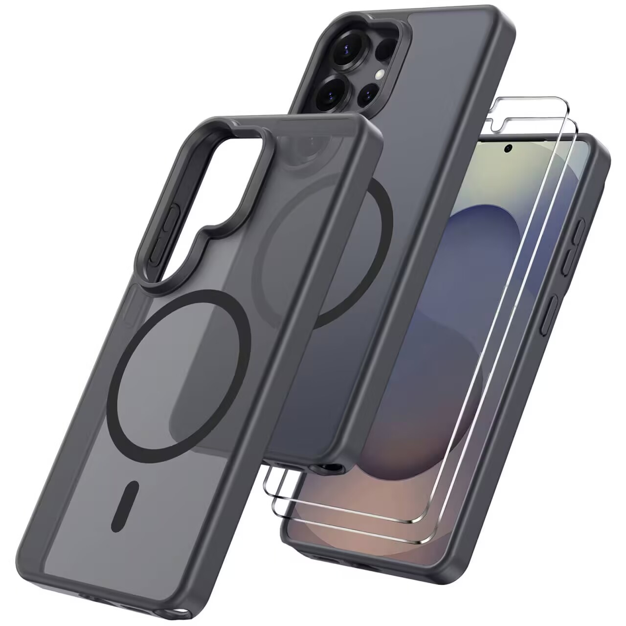 Husa compatibila cu Samsung Galaxy S25 Ultra 5G cu 2 folii de protectie din sticla temperata, husa moale TPU MagSafe, negru