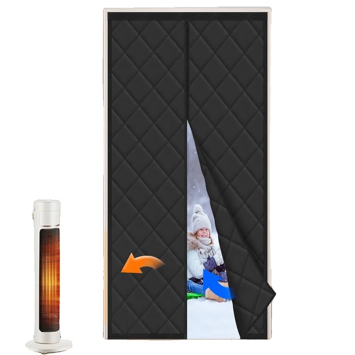 Perdea de izolare pentru usi, 100x215cm, neagra, set cu prindere magnetica, material rezistent la intemperii