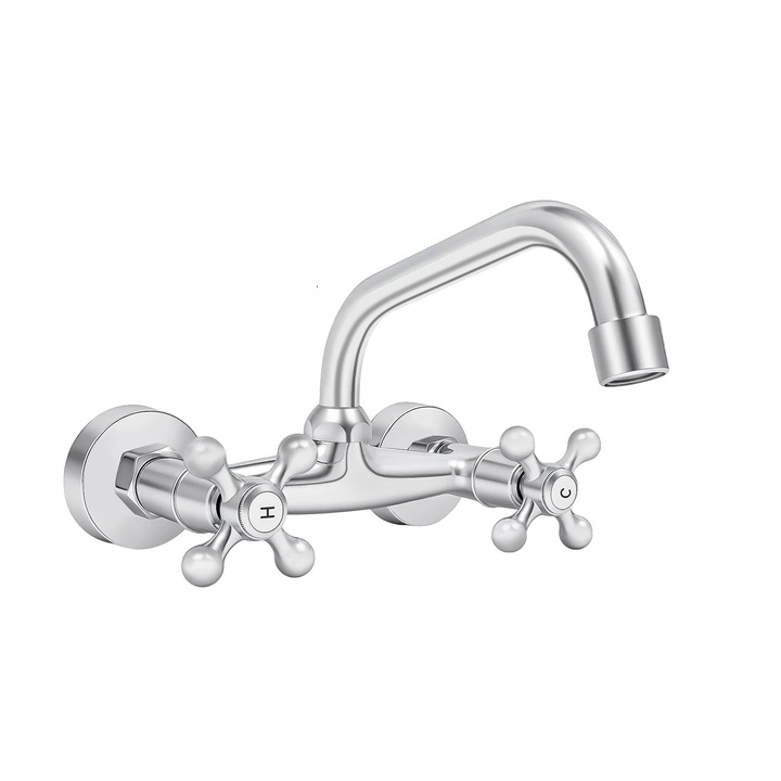 Baterie sanitara, montare pe perete, doua manete, argintie