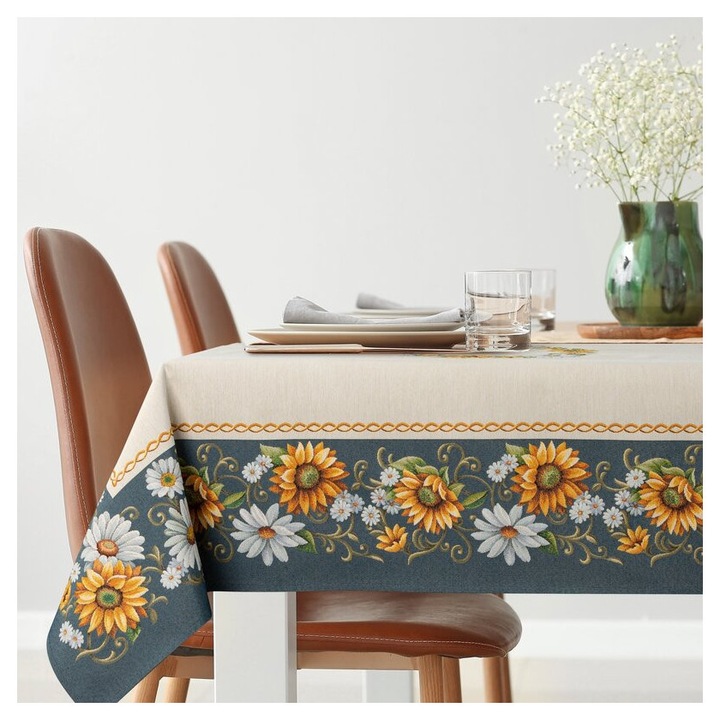 Napraforgó és margaréta mintás gobelin asztalterítő Natúr/sötétkék 140x180 cm +/- 5%