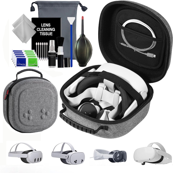 Pentru Meta Quest 3/Quest 3S/Quest 2/Vision Pro Portable Storage Case, cu buzunar mesh pentru cablu de date ，Include un kit de curățare a lentilelor, căptușeală moale, gri