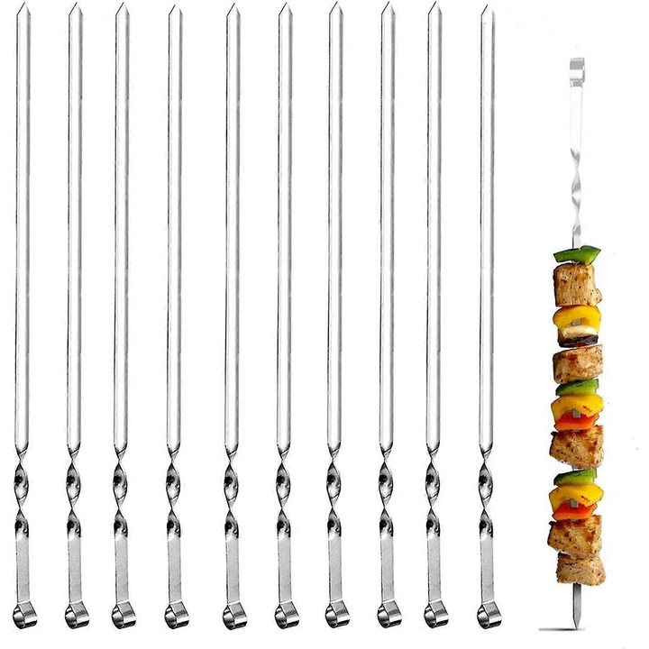 Set 10 Ustensile Gratar, Skewere din Otel Inoxidabil, Design Plat, 38cm